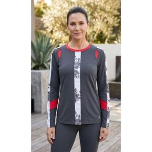 Sofibella Women's Long Sleeve Athletic Top Size L Grey Red Floral Trim Sports